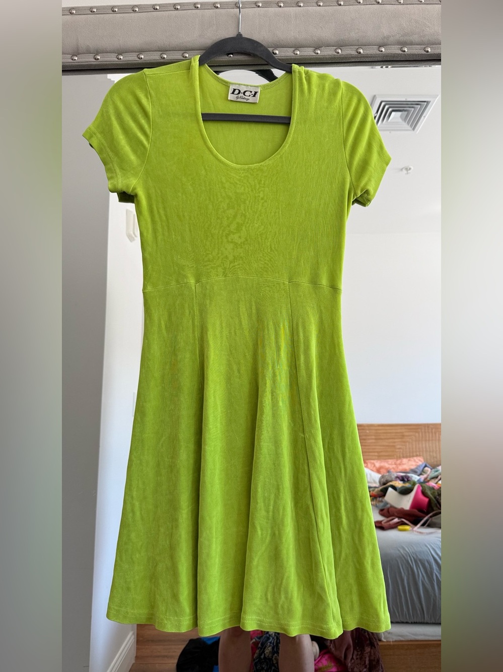 Vintage Y2K key lime green slinky stretchy fit and flare dress L